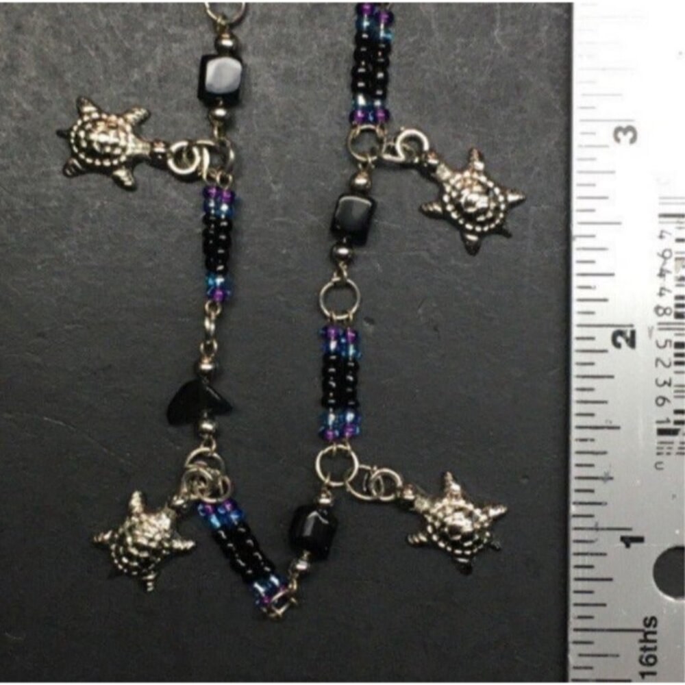 Turtle Anklet Ankle Bracelet 10 In Silver Charm Blue Purple Black Retro Vintage - Picture 4 of 5